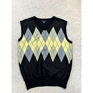 Sahara Club Sweater Vest Mens Medium Black Argyle Diamond Knitted Pullover